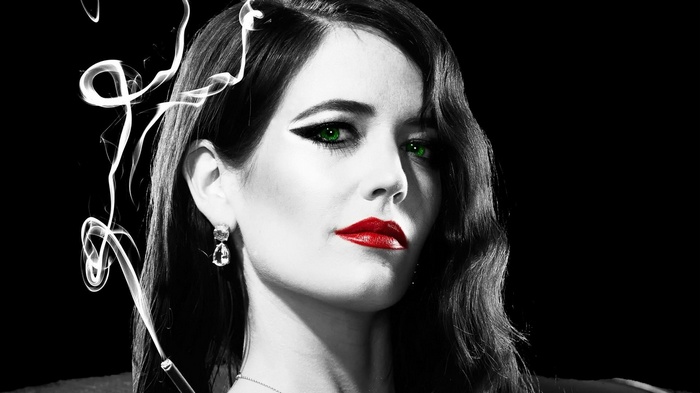 Eva Green with green eyes and red lips