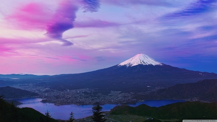 Mount Fuji and a lake at sunset