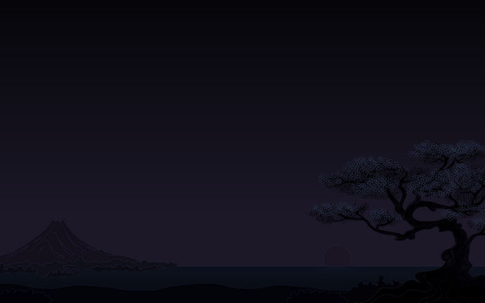 Minimalist dark sunset with mountains and cherry trees