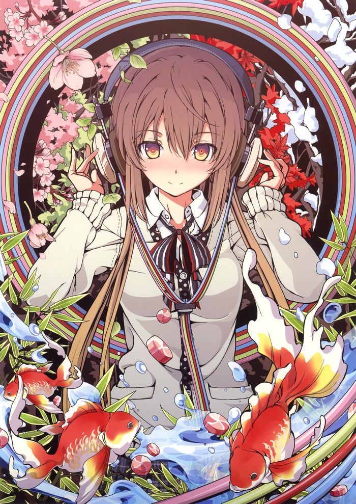 Anime girl with headphones and goldfish