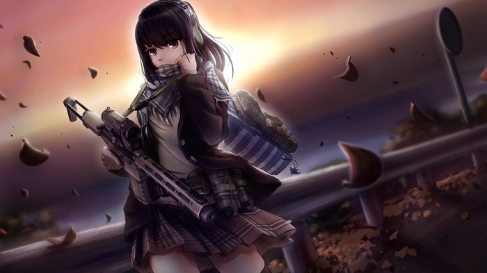 Skirt, Long Hair, Leaves, Scarf, Black Hair, Weapon, Original 