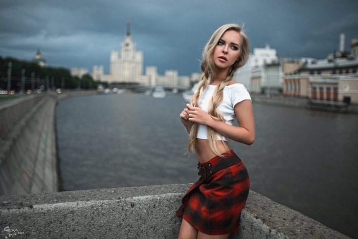 skirt, model, looking away, Georgy Chernyadyev, braids, river, blonde, Victoria Pichkurova, women, city