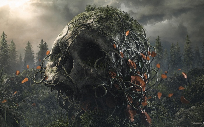Giant Skull Covered in Roots and Roses in a Forest