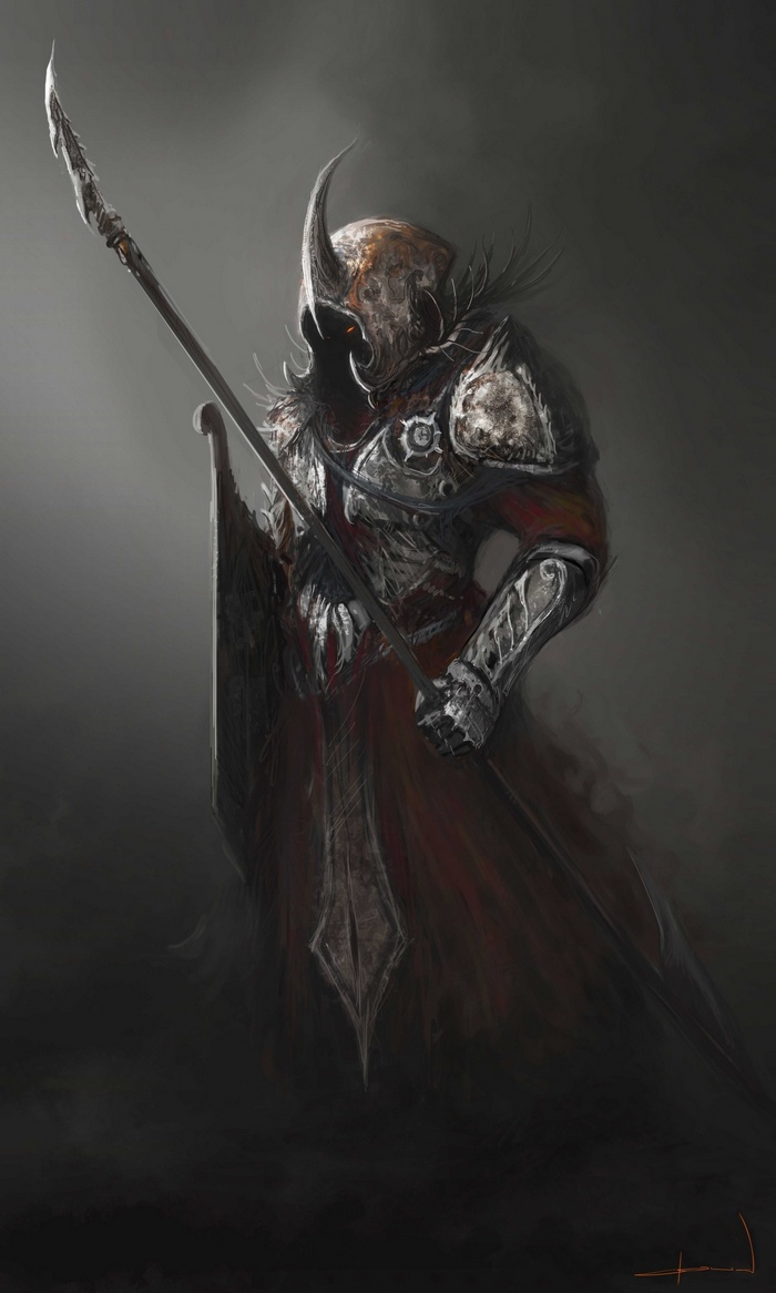 Fantasy warrior in ornate armor holding a spear