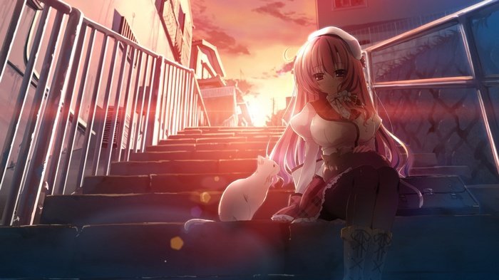 Shiina Mizuka and cat on stairs at sunset