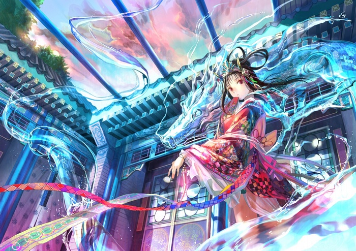 kimono, water, anime, fantasy art, manga, black hair, dragon, digital art, fantasy girl, red eyes, original characters, chinese dragon, Fuji Choko, anime girls, traditional clothing, Chinese architecture