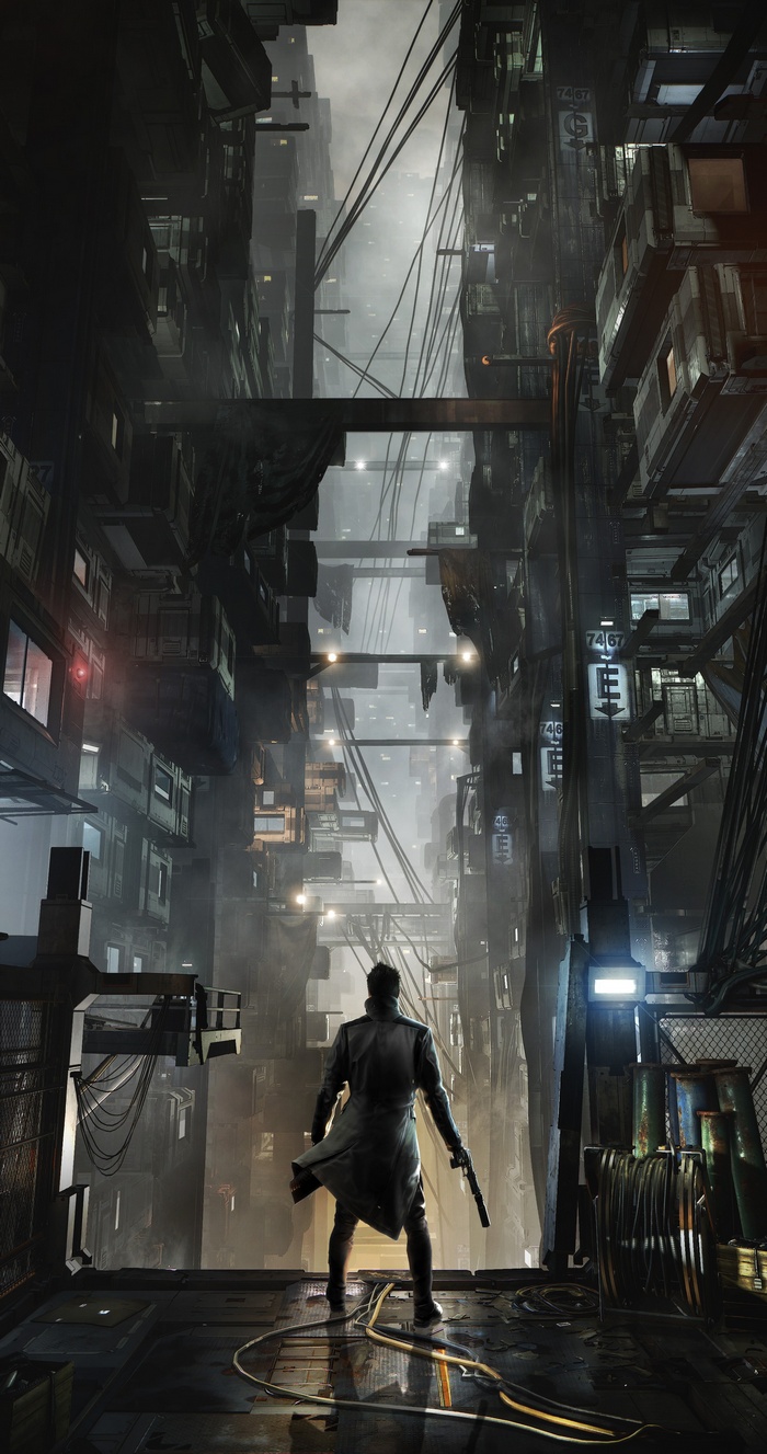 Adam Jensen in a futuristic cyberpunk city