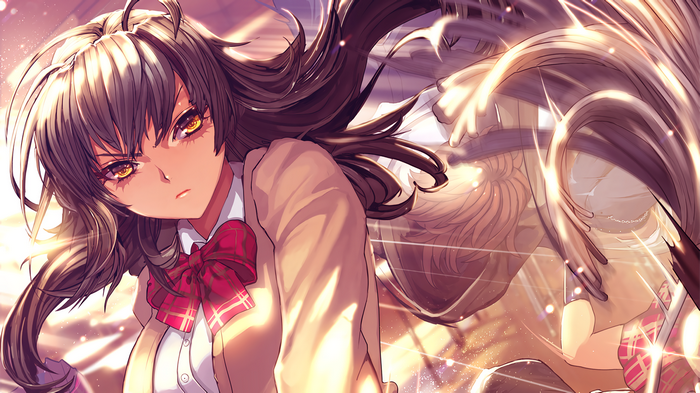 Anime girl with yellow eyes and red ribbon
