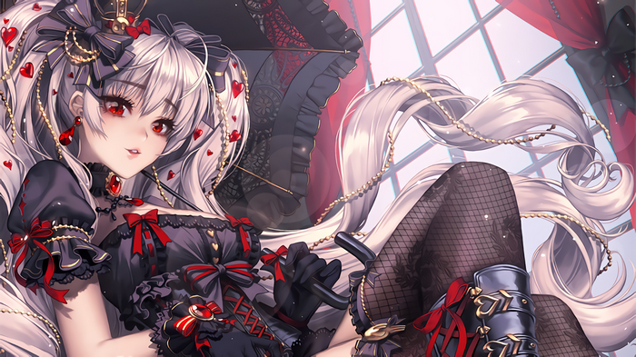 Kutsumiya Yuuzuki with red eyes and white twintails
