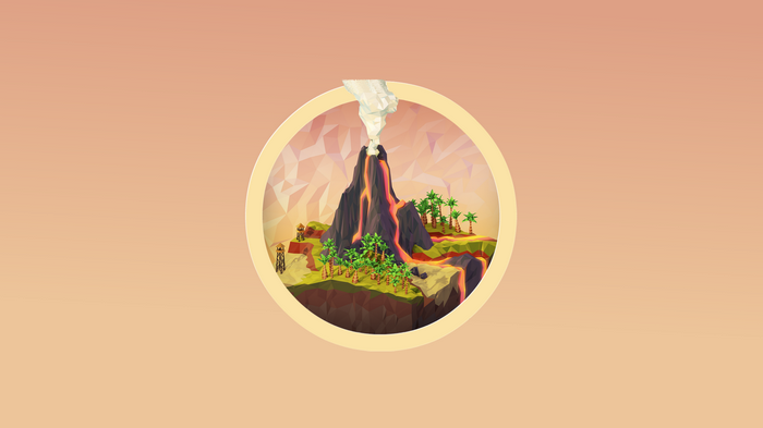 Low poly volcano eruption with lava and palm trees