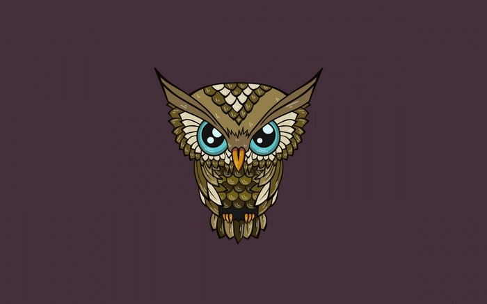 Stylized owl with large blue eyes on a dark background