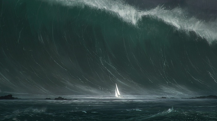 A sailboat navigates a massive tsunami wave