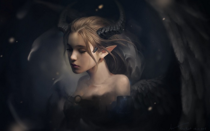fantasy art, demon, crying, wings, demon girls, sad, horns, drawing
