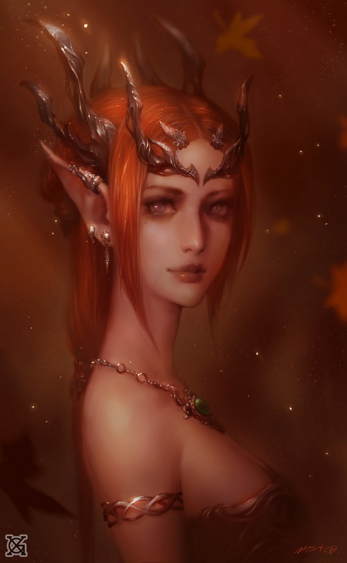 Fantasy art of a red-haired elf with ornate headpiece