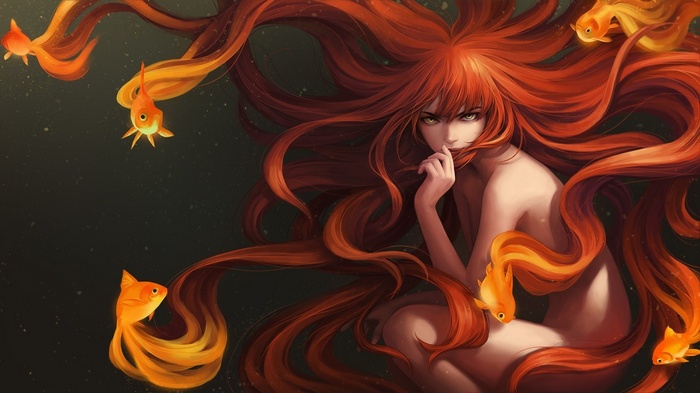 Anime girl with long red hair and goldfish