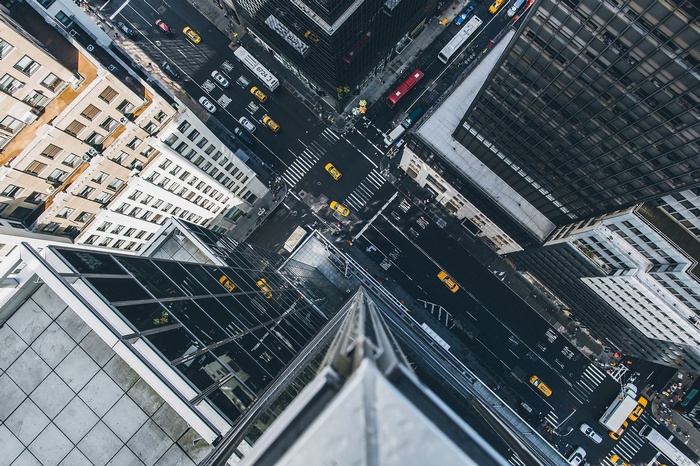Aerial view of New York City traffic and buildings