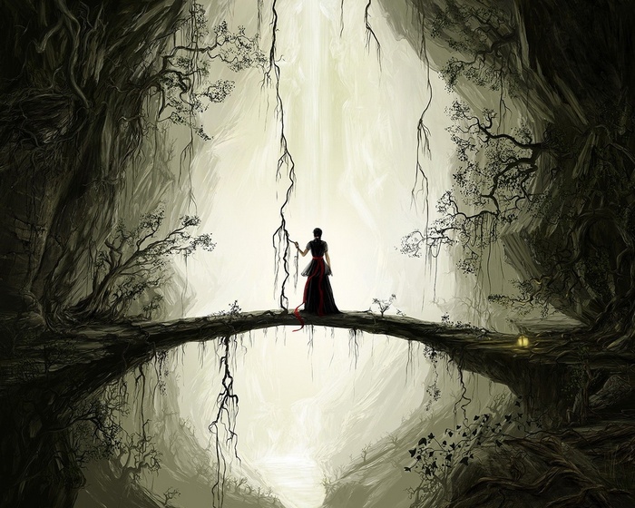 Woman in black and red dress on a bridge