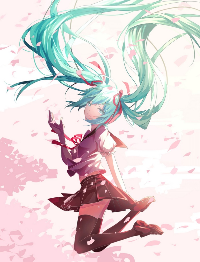 Hatsune Miku floating among pink flower petals