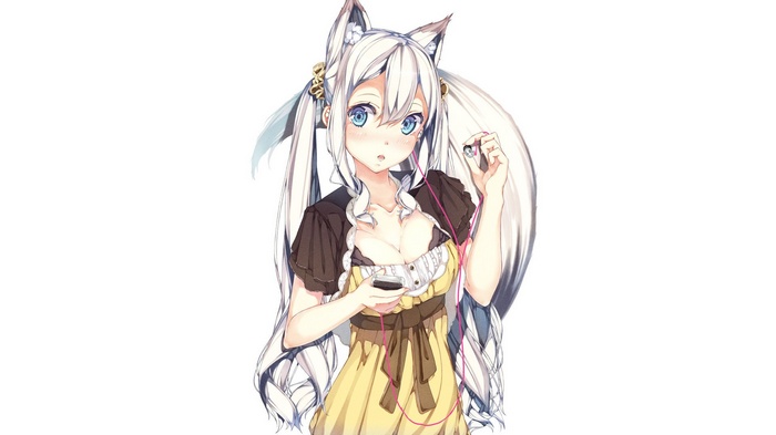 Anime girl with white hair and cat ears listening to music