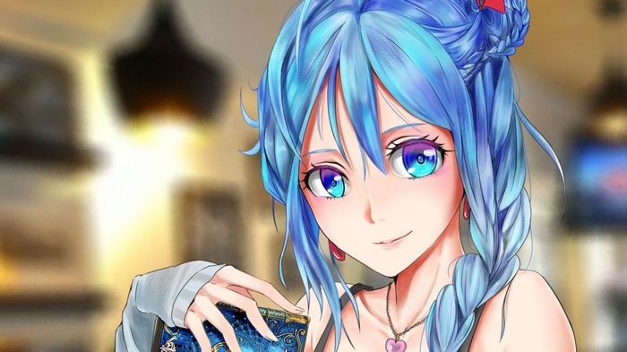 Phoena from Chain Chronicle with blue hair and braids