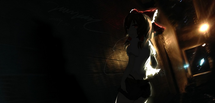 Hakurei Reimu from Touhou in a dark alley