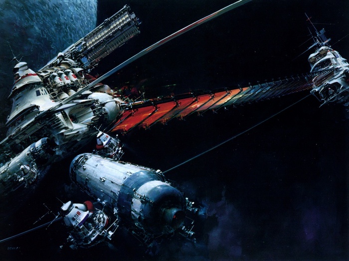 Science fiction artwork of a space station and ships