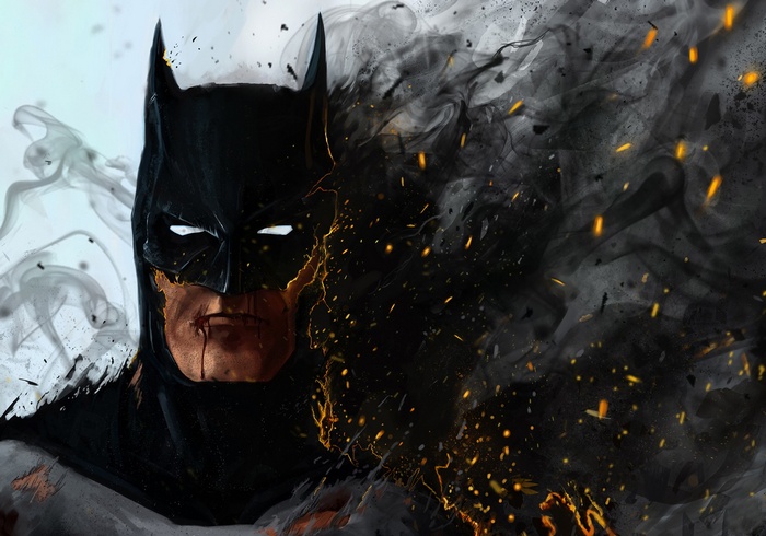 Artwork of Batman dissolving into smoke and embers