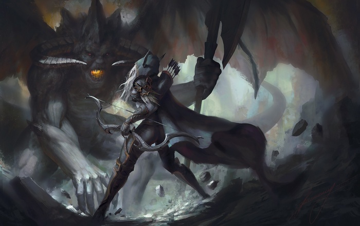 Sylvanas Windrunner fights a demon with a bow