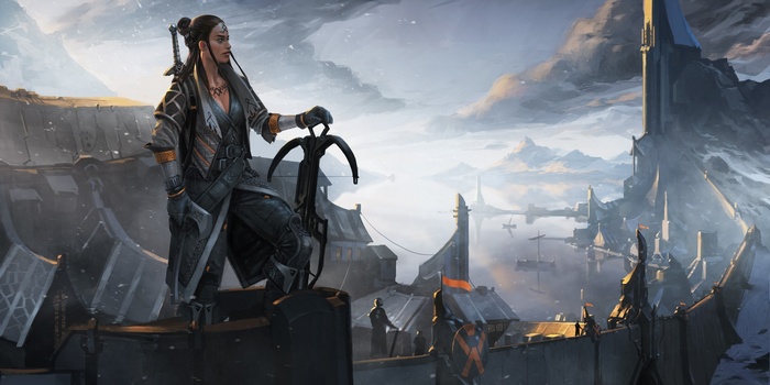 Fantasy art of a woman with a crossbow in a city