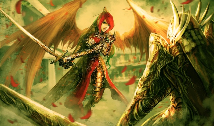 Fantasy art of winged warrior fighting monster