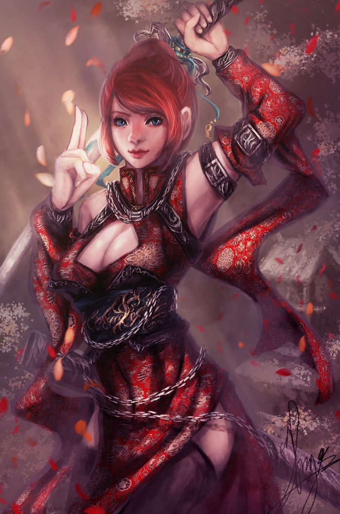 Fantasy art of a redhead woman in a red dress