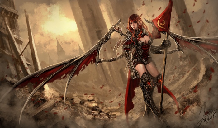 Fantasy winged woman holding a flag