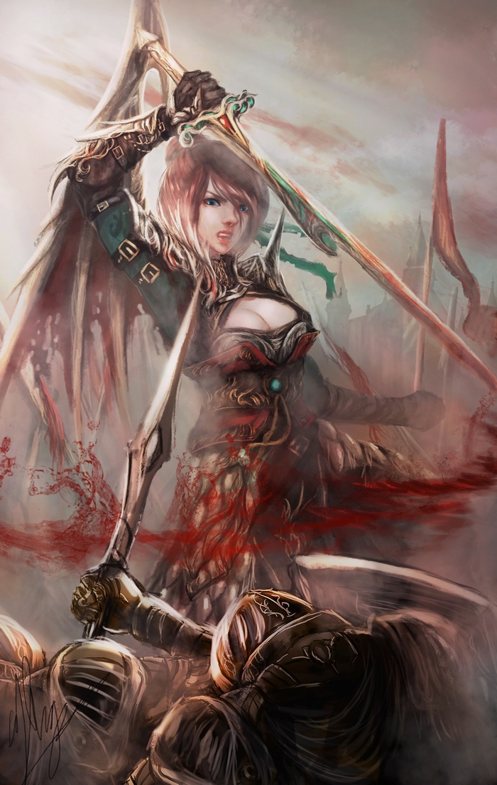 Fantasy warrior woman with sword over fallen soldiers