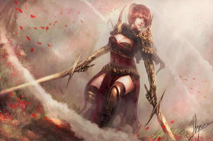 Fantasy art of a warrior woman with swords
