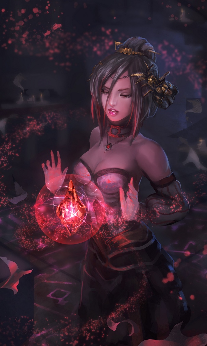 Fantasy art of a sorceress with a glowing crystal