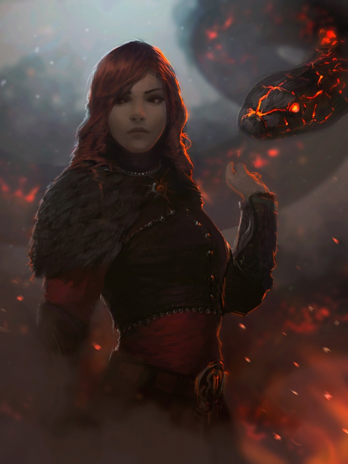 Fantasy art of a woman and a fire snake