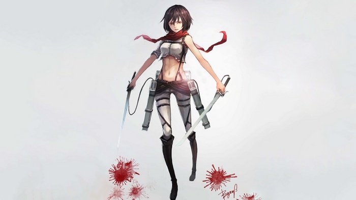 Mikasa Ackerman with swords and blood splatters