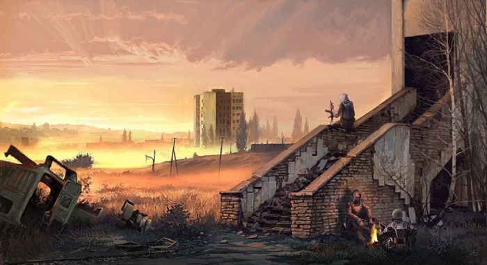 S.T.A.L.K.E.R. fan art of survivors in a ruined city