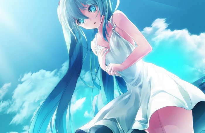 Hatsune Miku in a white dress against a blue sky