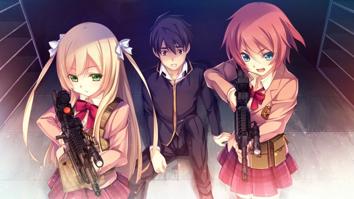 Yasouji Ai, Nachi Yuuji, Kanzaki Sayaka with guns