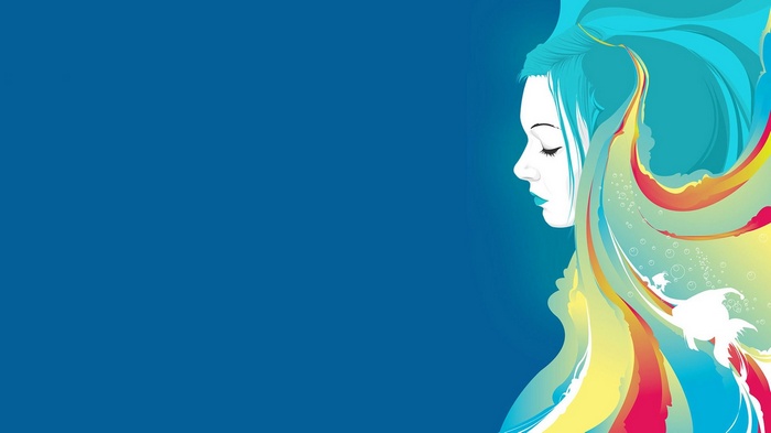 Woman with colorful flowing hair and fish
