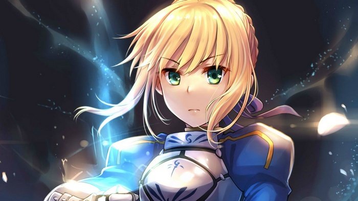 Saber in blue armor with blonde hair and green eyes
