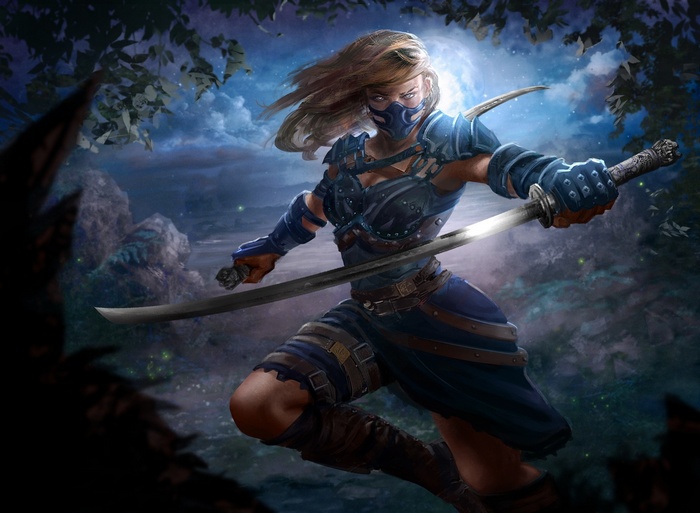 Female ninja with swords in a moonlit forest