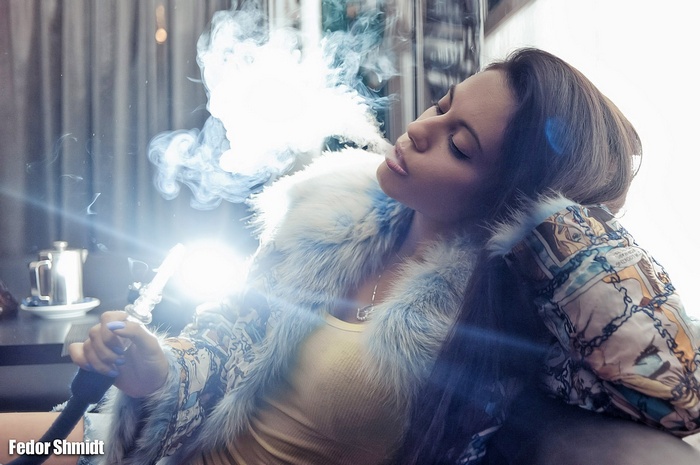 Hookah, backlighting, model, brunette, women, Caucasian, Fedor Shmidt, smoking, coats
