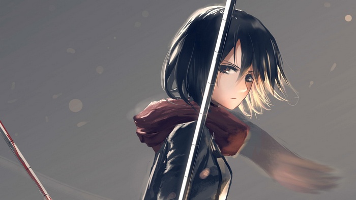 Mikasa Ackerman with a red scarf and sword