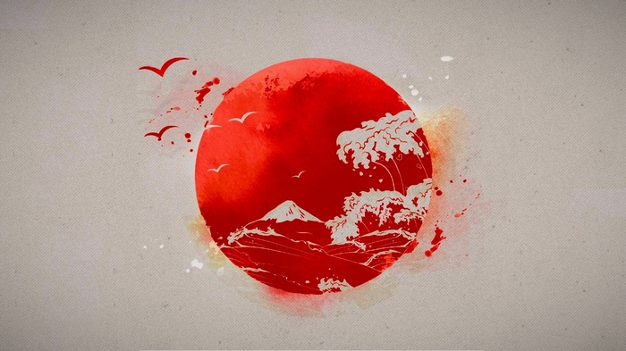 Abstract Japanese Sun with Mountain and Waves