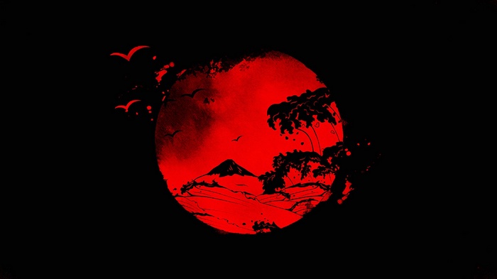 Japanese style drawing of a red sun with a mountain and birds