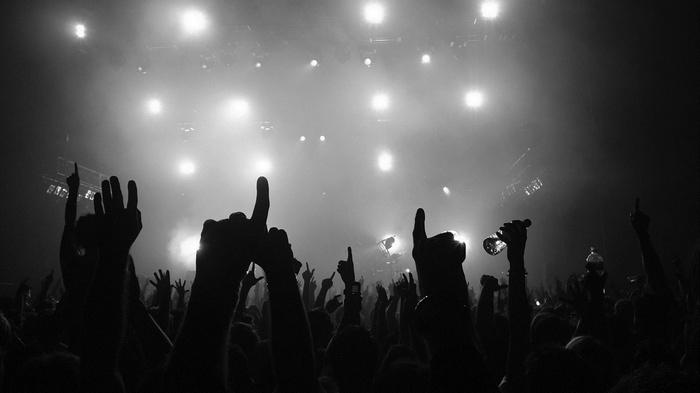 Concert crowd with hands raised and stage lights