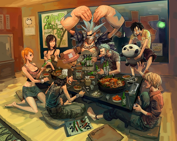 One Piece characters enjoying a meal together