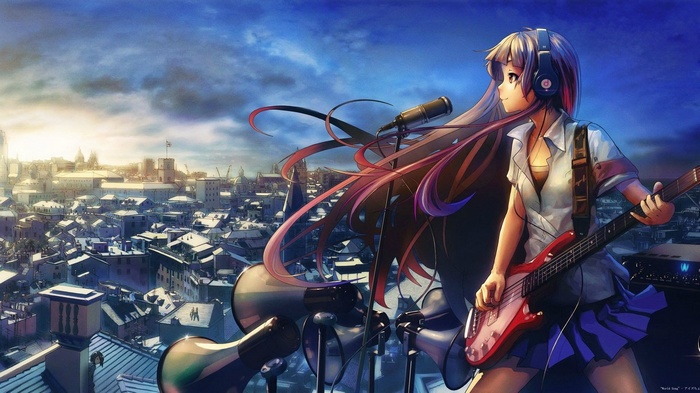 Anime girl with headphones playing guitar on a rooftop
